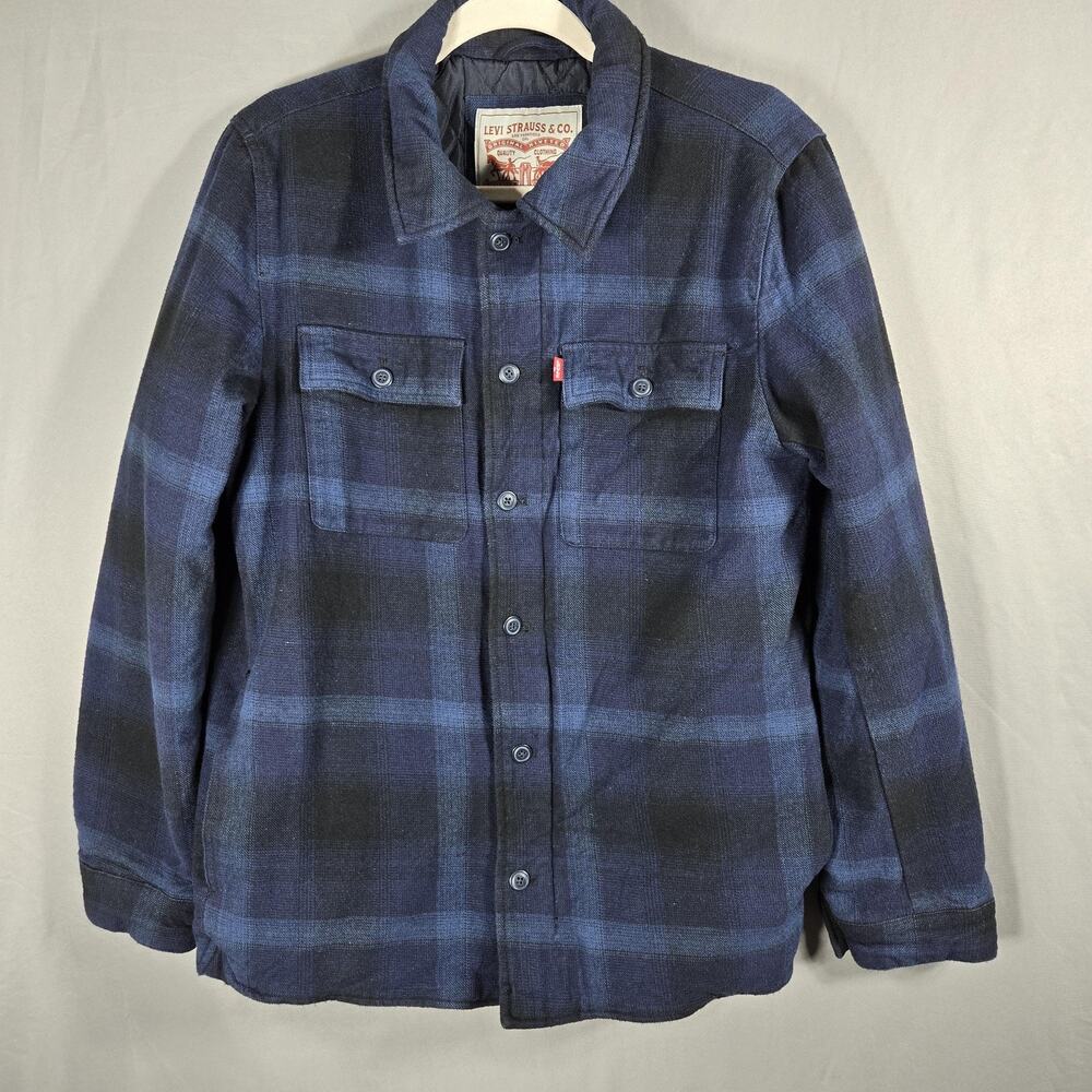 Levis Jacket Mens Small Blue Plaid Quilted Lined Flannel Shacket Coat Shirt Warm